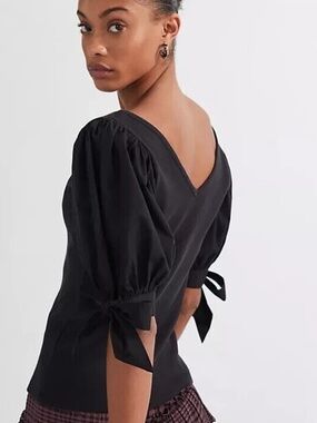 EUC {Maeve · Anthro} Black Ribbed Puff Sleeve + Bows V Neck Blouse Top | Medium